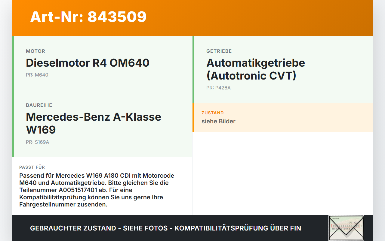 Mercedes W169 A180 04-08 CDI 2,0 80KW Autom Anlasser Starter Mercedes W169 A180 04-08 16.04.2007 A0051517401 gebraucht Vorschau 3
