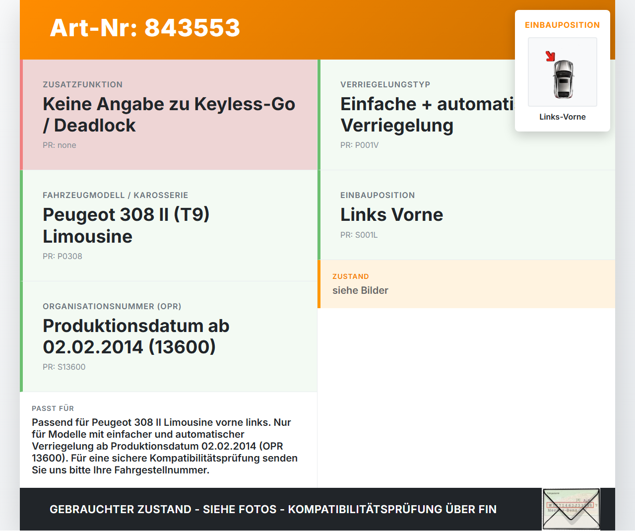 Peugeot 308 II 13-17 Lim Türschloss mit ZV Stellmotor Links Vorne Peugeot 308 II 13-17 01.01.2015 9807954380 gebraucht Vorschau 3