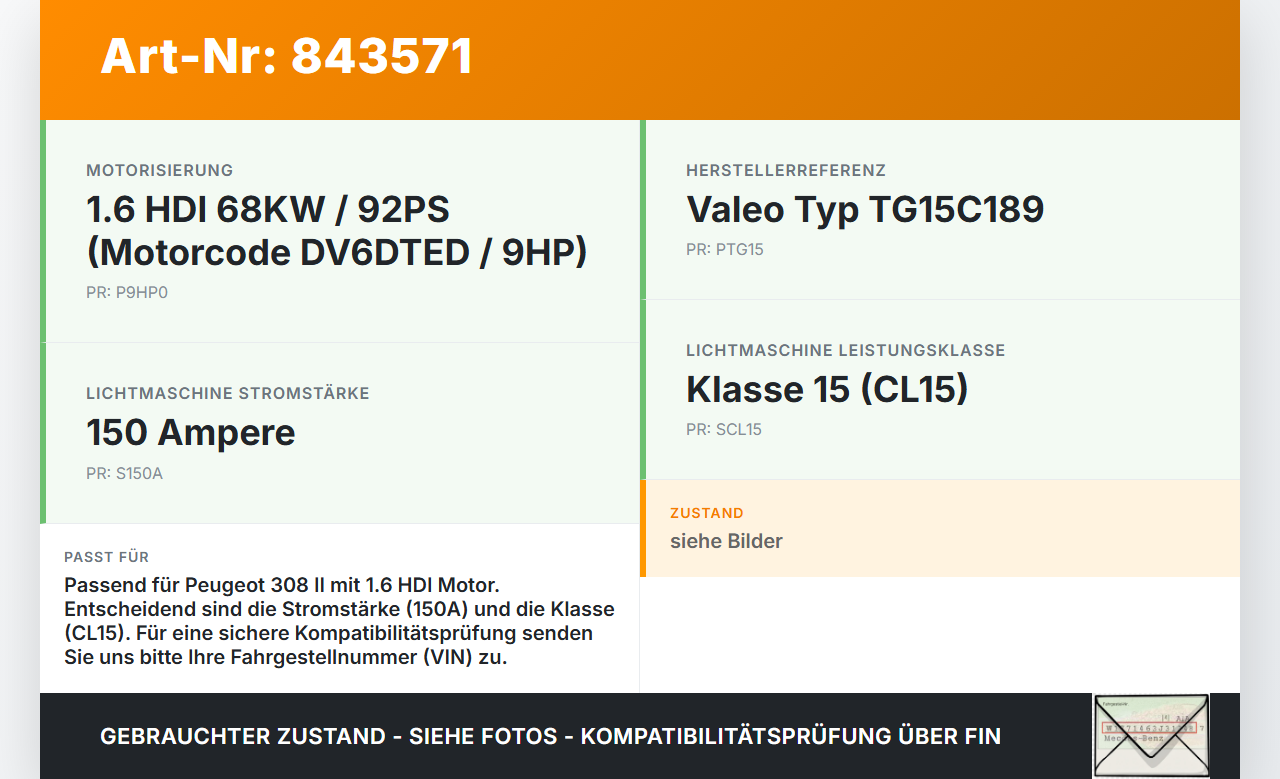 Peugeot 308 II 13-17 HDI 1,6 68KW Lichtmaschine Generator 150A CL15 Peugeot 308 II 13-17 01.01.2015 9678048880... Vorschau 3