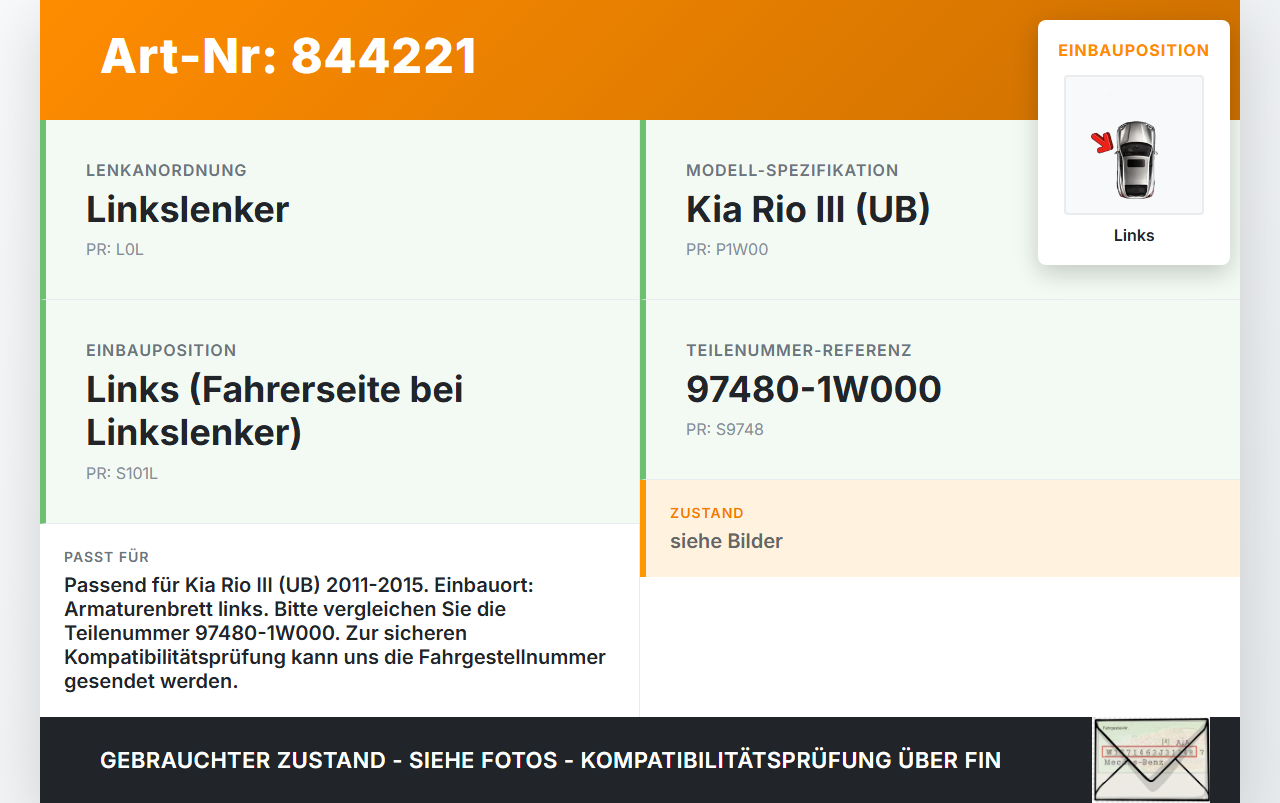 Kia Rio III UB 11-15 Luftdusche Luftdüse Links Kia Rio III UB 11-15 07.01.2012 974801W000 97480-1W000 gebraucht Vorschau 3