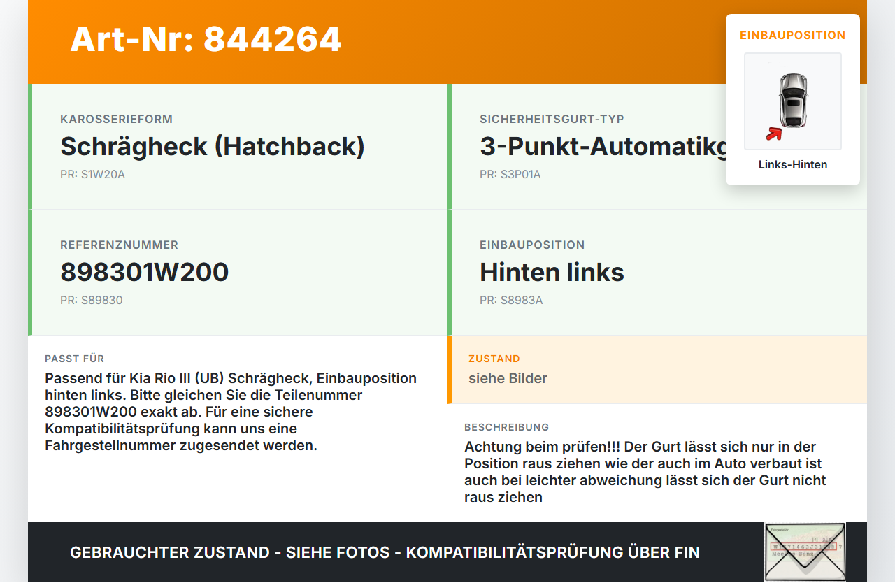 Kia Rio III UB 11-15 Schrägh Gurt Sicherheitsgurt Links Hinten Kia Rio III UB 11-15 07.01.2012 898301W200... Vorschau 3