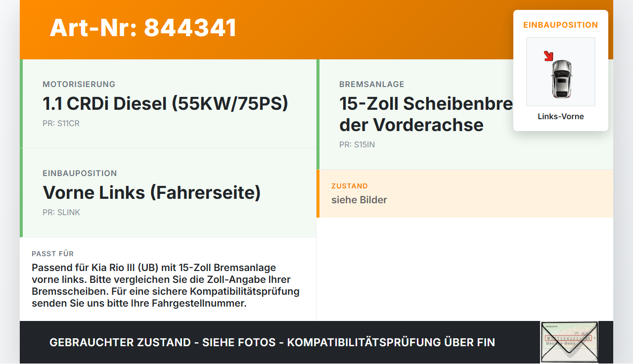 Kia Rio III UB 11-15 CRDi 1,1 55KW Bremssattel Bremszange Vorne Links Kia Rio III UB 11-15 07.01.2012 58110-1W350... Vorschau 3