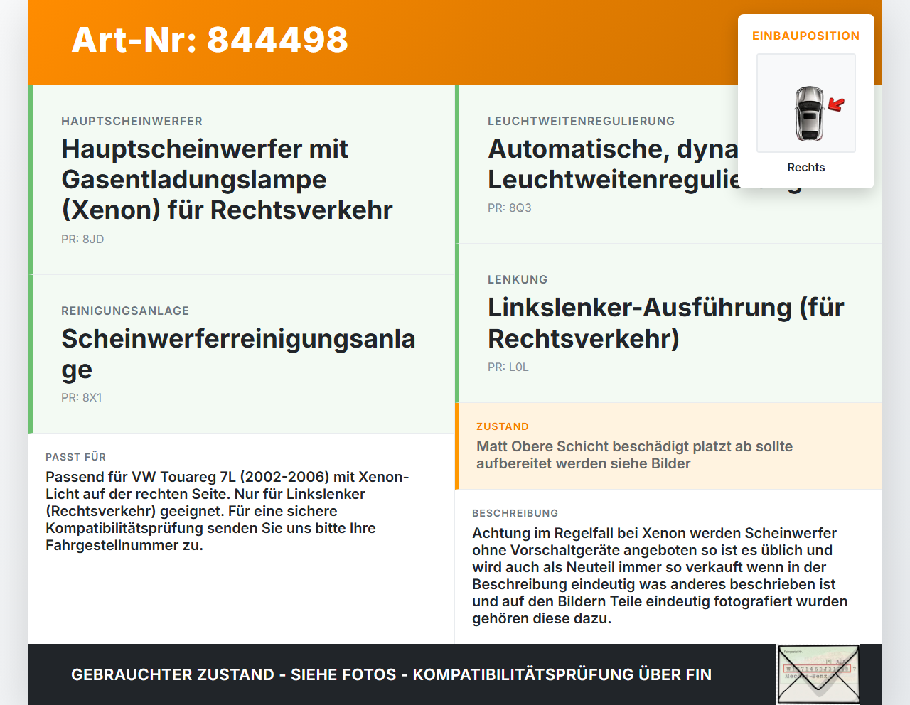VW Touareg 7L 02-06 Xenon Scheinwerfer Frontscheinwerfer Rechts orig. VW Touareg 7L 02-06 14.07.2003 7L6941018BG... Vorschau 3