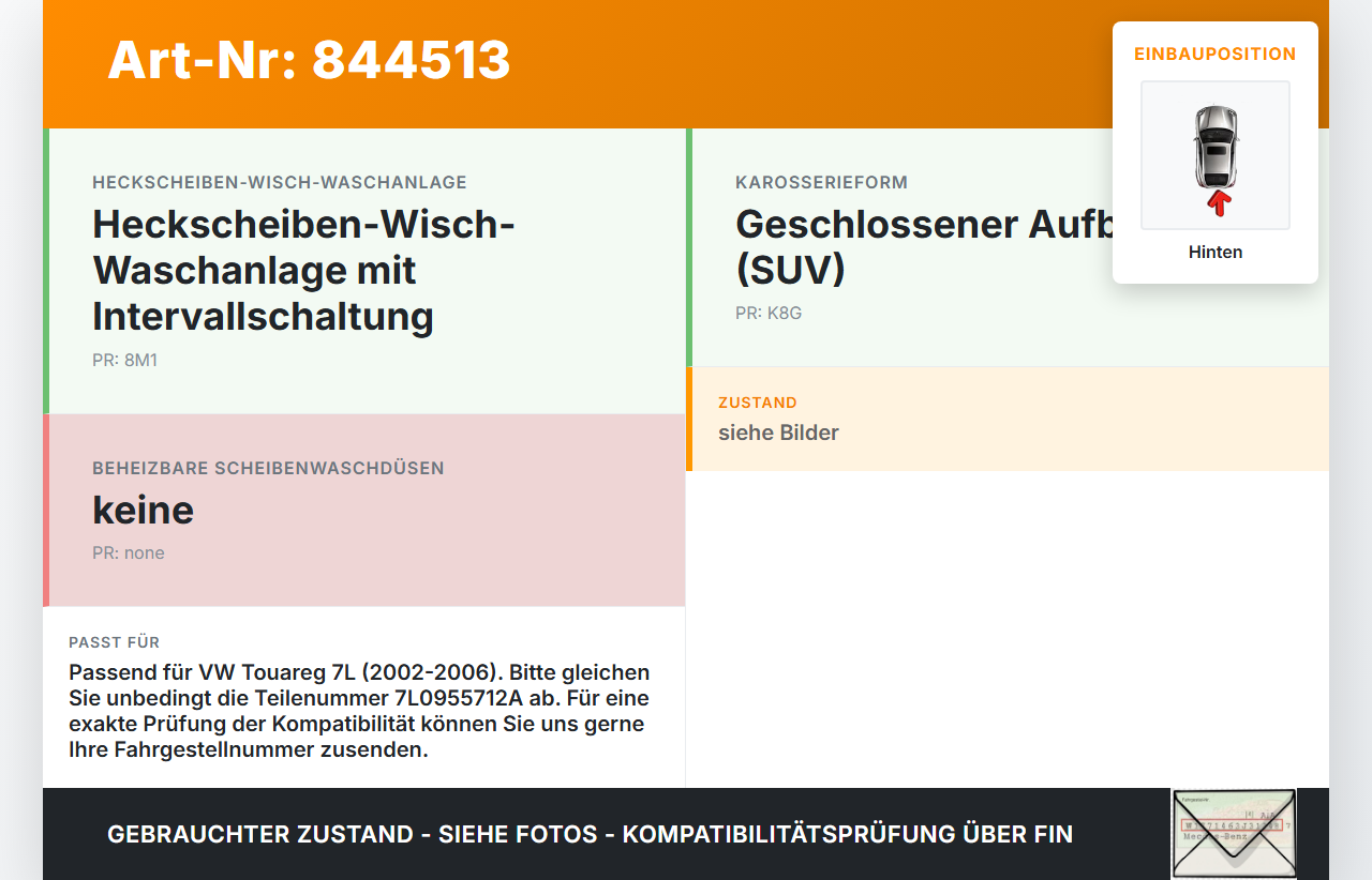 VW Touareg 7L 02-06 Wischermotor Hinten Heckwischermotor VW Touareg 7L 02-06 14.07.2003 404.761 7L0955712A gebraucht Vorschau 3