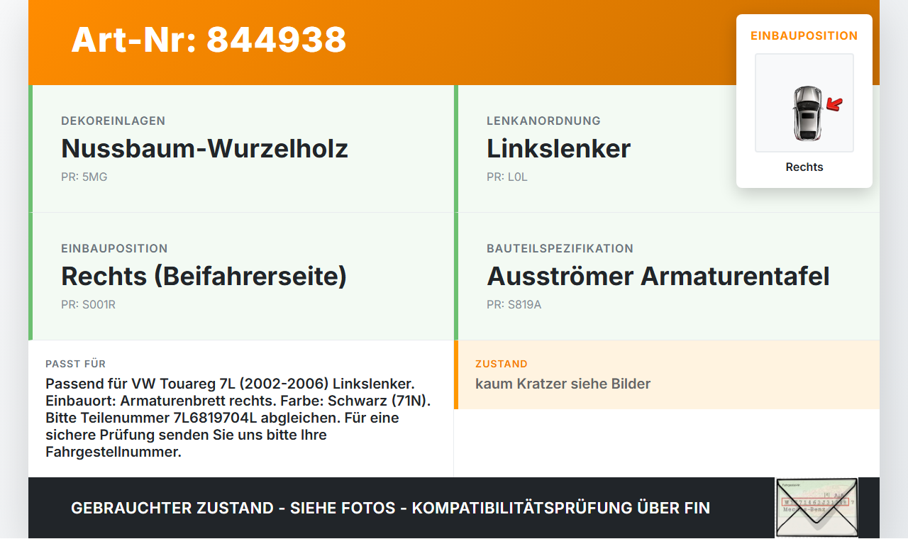 VW Touareg 7L 02-06 Luftdusche Luftdüse Rechts VW Touareg 7L 02-06 14.07.2003 7L6819704E 7L6819704L 7L6819704L3X1... Vorschau 3