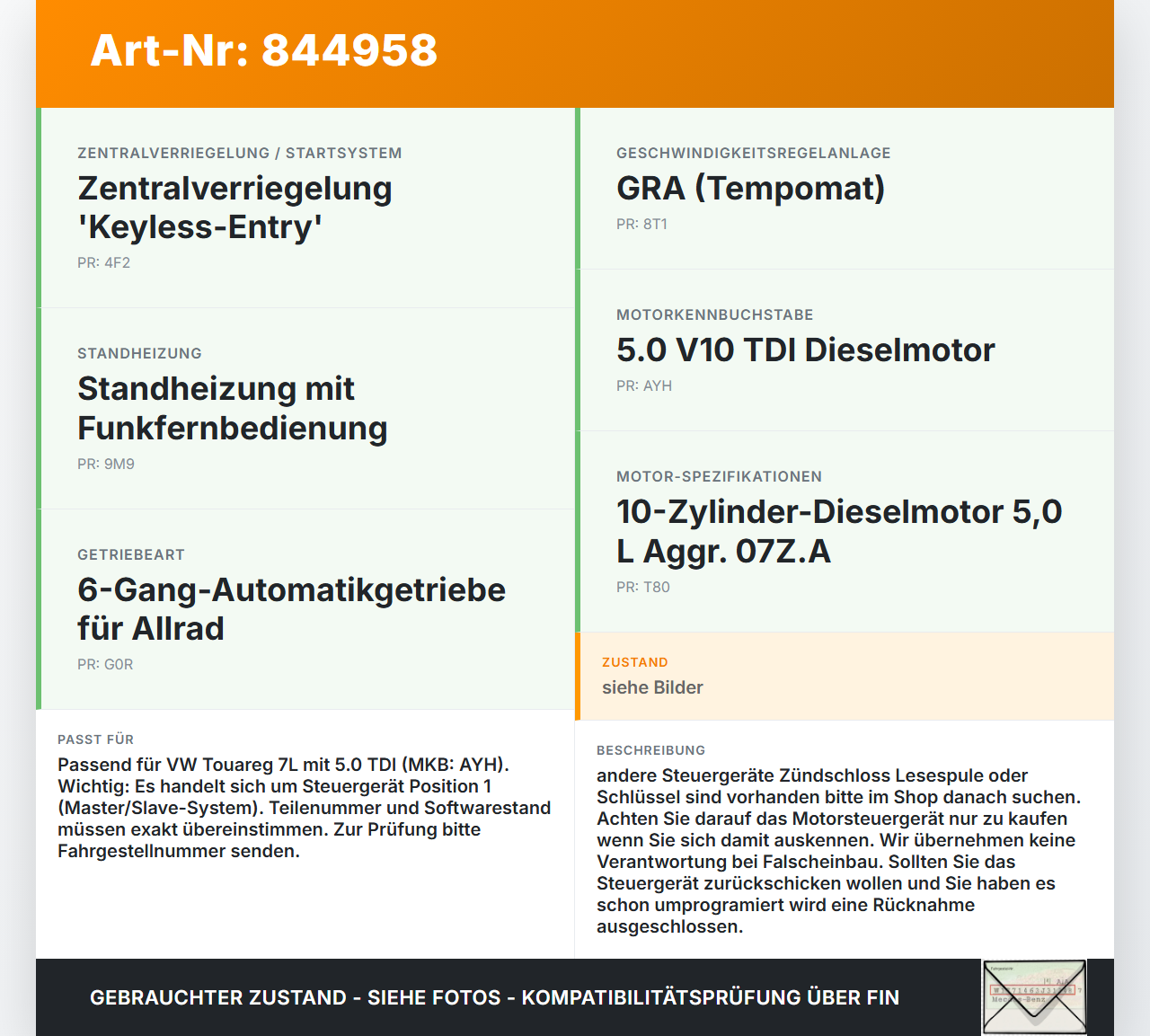 VW Touareg 7L 02-06 TDI 5,0 230KW Steuergerät ECU für Motor Motorsteuergerät Pos.1 VW Touareg 7L 02-06 14.07.2003... Vorschau 3