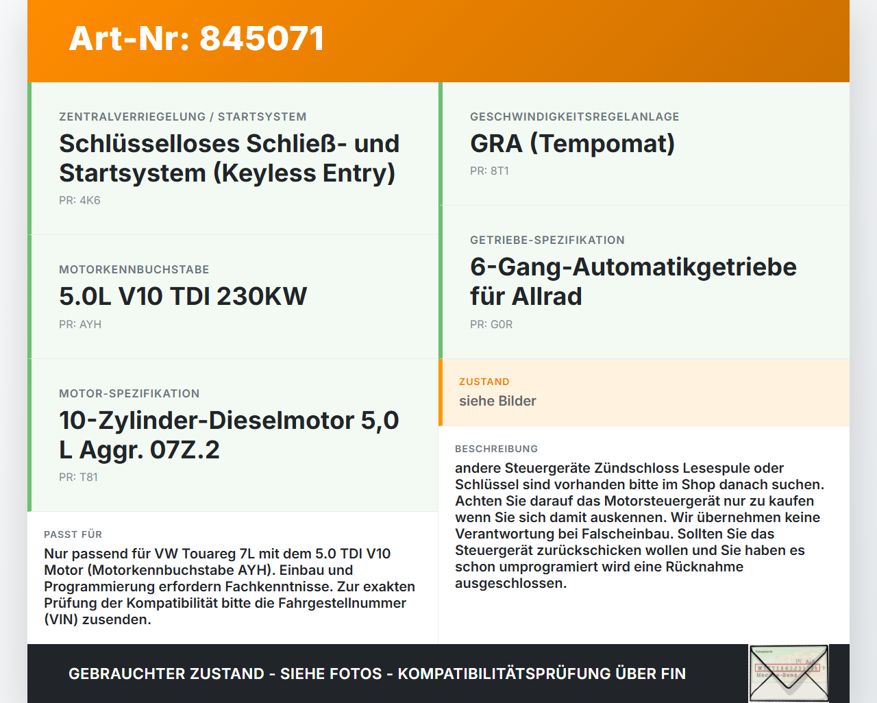 VW Touareg 7L 02-06 TDI 5,0 230KW Motor Steuergerät ECU Motorsteuergerät VW Touareg 7L 02-06 14.07.2003 070906016AA... Vorschau 3