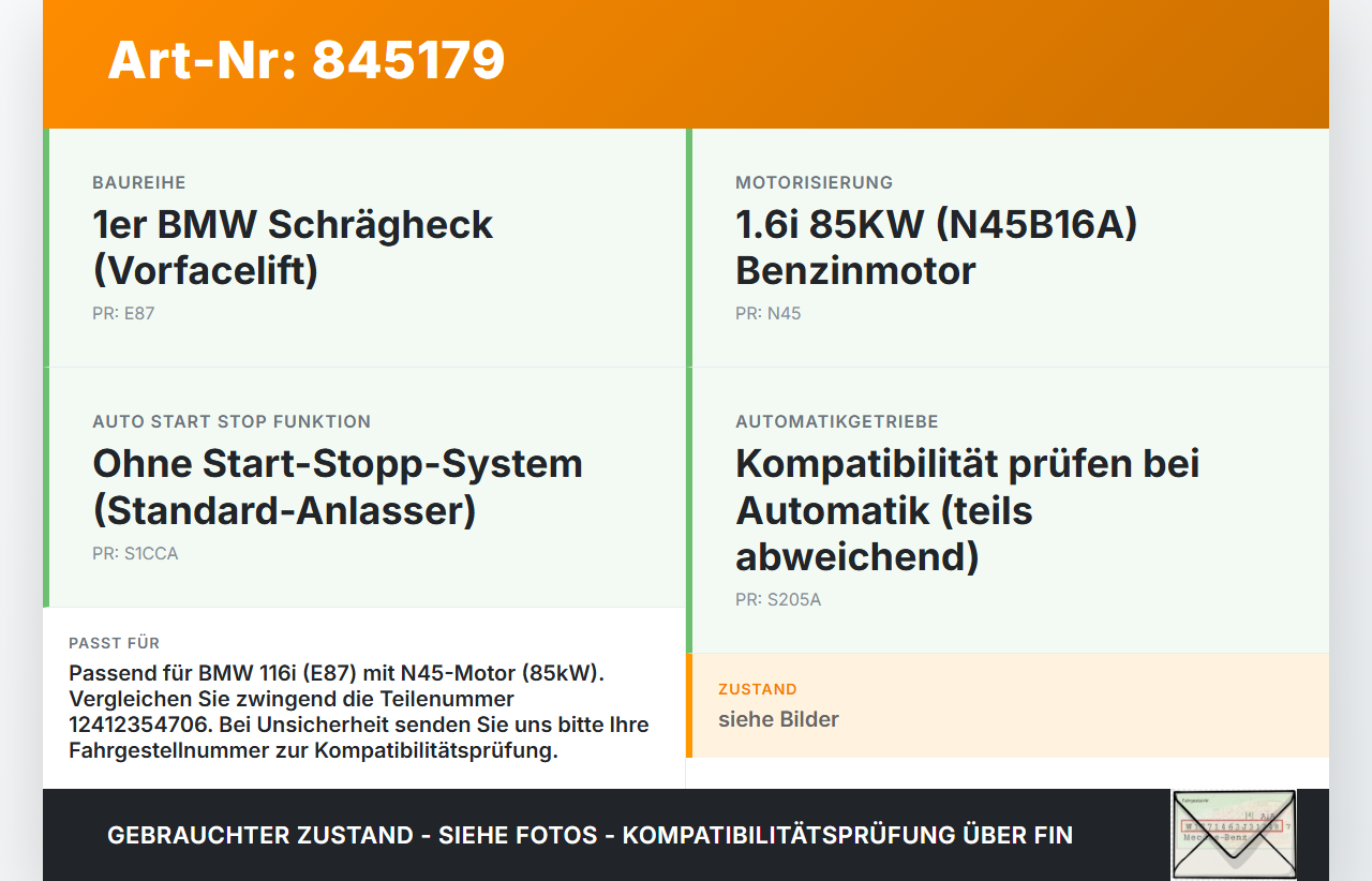 BMW E87 1er 116i 04-07 1,6i 85KW Anlasser Starter BMW E87 1er 116i 04-07 24.11.2004 2354706 12412354706 gebraucht Vorschau 3