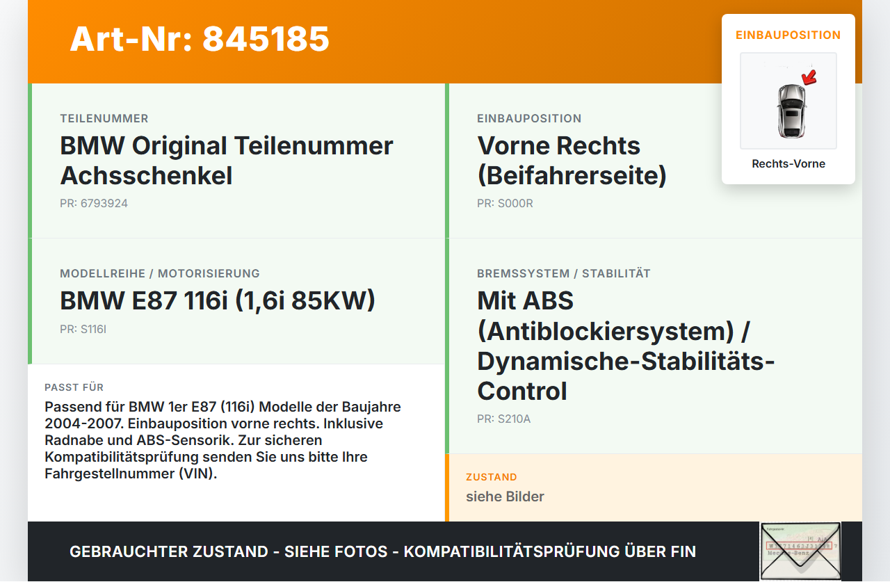 BMW E87 1er 116i 04-07 1,6i 85KW Achsschenkel Radnabe mit ABS Rechts Vorne BMW E87 1er 116i 04-07 24.11.2004... Vorschau 3