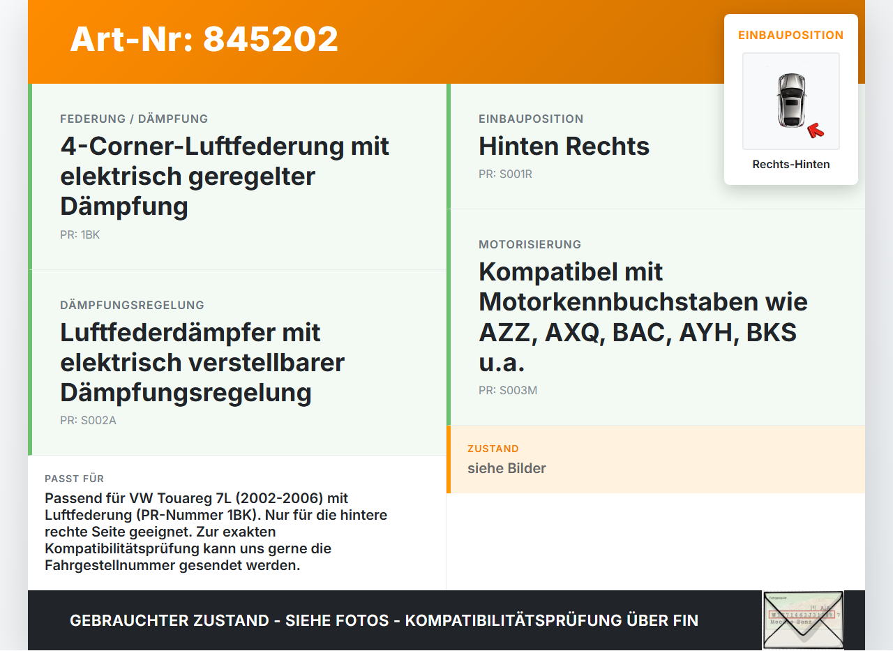 VW Touareg 7L 02-06 Stossdämpfer Federbein Hinten Rechts VW Touareg 7L 02-06 14.07.2003 7L6616020A 7L6512022E... Vorschau 3