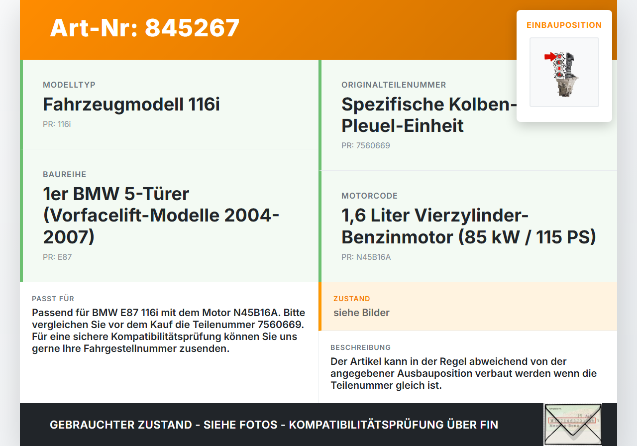 BMW E87 1er 116i 04-07 1,6i 85KW N45B16A Kolben mit Pleuel Pos D BMW E87 1er 116i 04-07 24.11.2004 1125-7560669... Vorschau 3