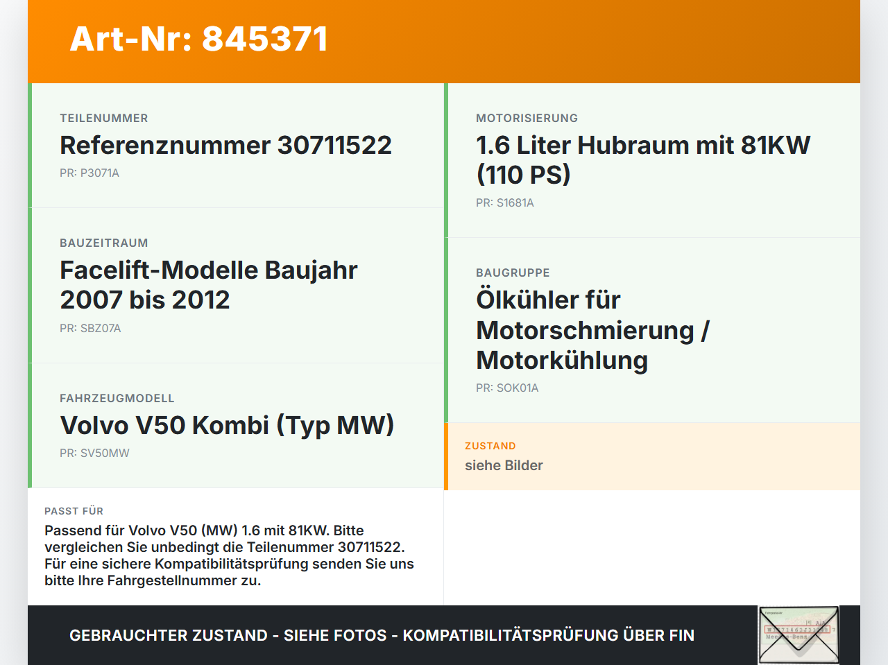 Volvo V50 MW 07-12 1,6 81KW Ölkühler Volvo V50 MW 07-12 2011 30711522 gebraucht Vorschau 3
