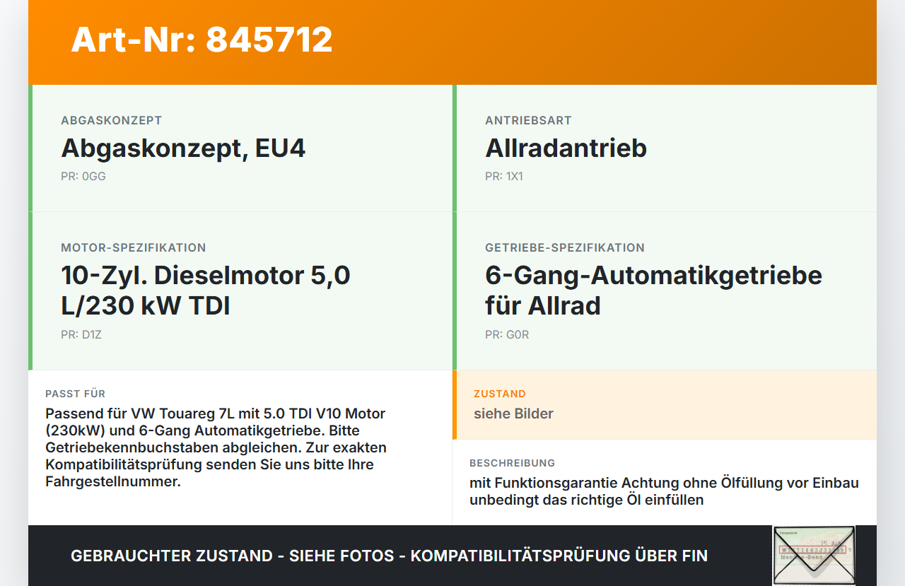 VW Touareg 7L 02-06 TDI 5,0 230KW GTK Automatikgetriebe Getriebe ohne Wandler VW Touareg 7L 02-06 14.07.2003... Vorschau 3
