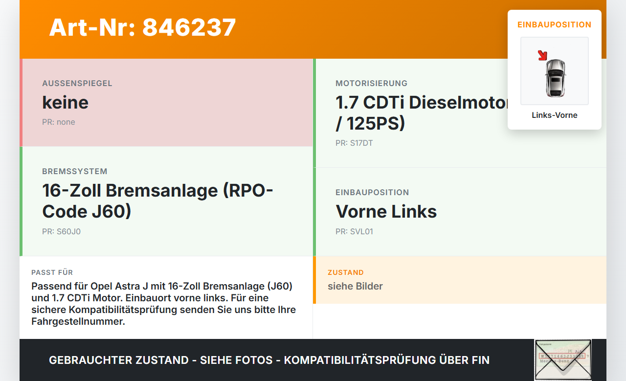 Opel Astra J 09-12 CDTi 1,7 92KW Bremssattel Bremszange Vorne Links Opel Astra J 09-12 2102.2012 13301226 542113... Vorschau 3