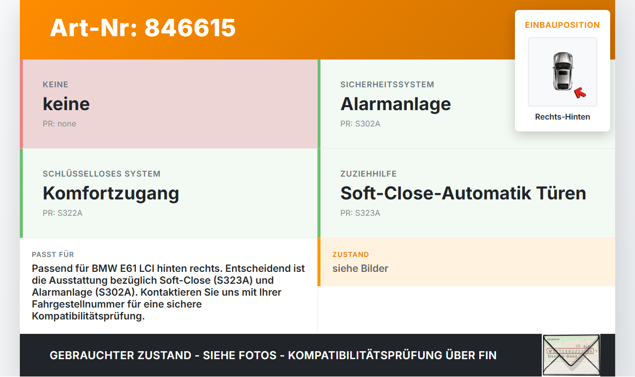 BMW E61 LCI 530xd 07-10 Kombi Türschloss Systemschloss m. ZV Stellmotor Rechts Hinten BMW E61 LCI 530xd 07-10... Vorschau 3