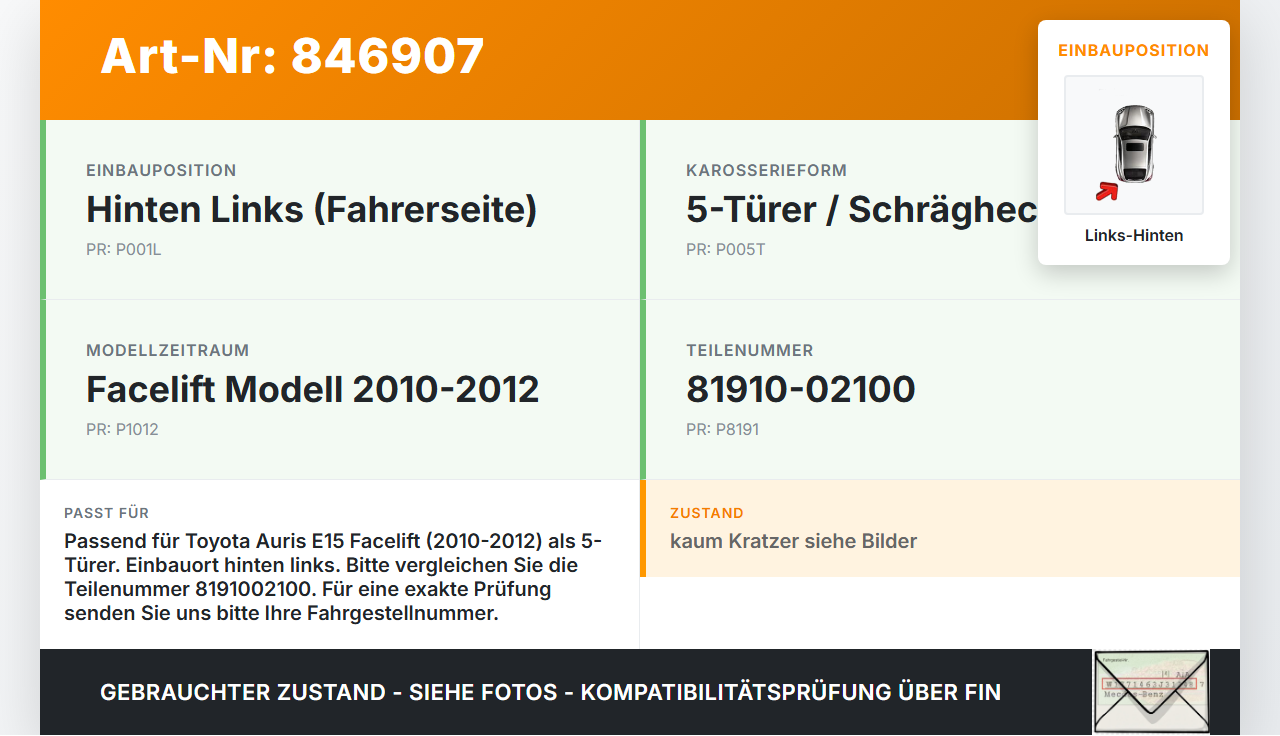 Toyota Auris E15 10-12 5T Reflektor für Stoßstange Hinten Links Toyota Auris E15 10-12 29.08.2012 8191002100... Vorschau 3
