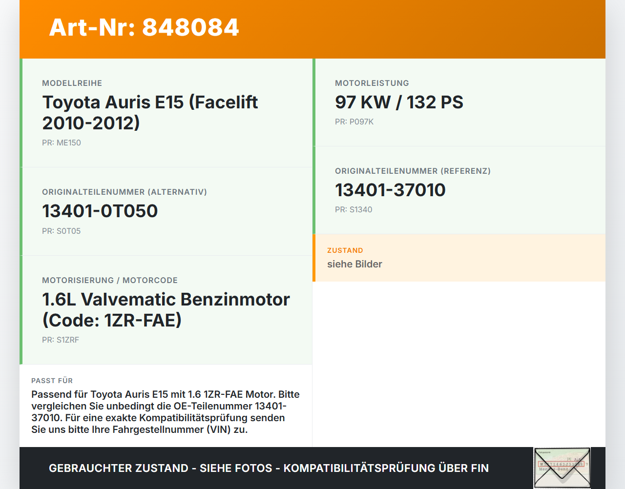 Toyota Auris E15 10-12 1,6 97KW 1ZRFAE Kurbelwelle Toyota Auris E15 10-12 29.08.2012  13401-0T050 13401-37010 gebraucht Vorschau 3