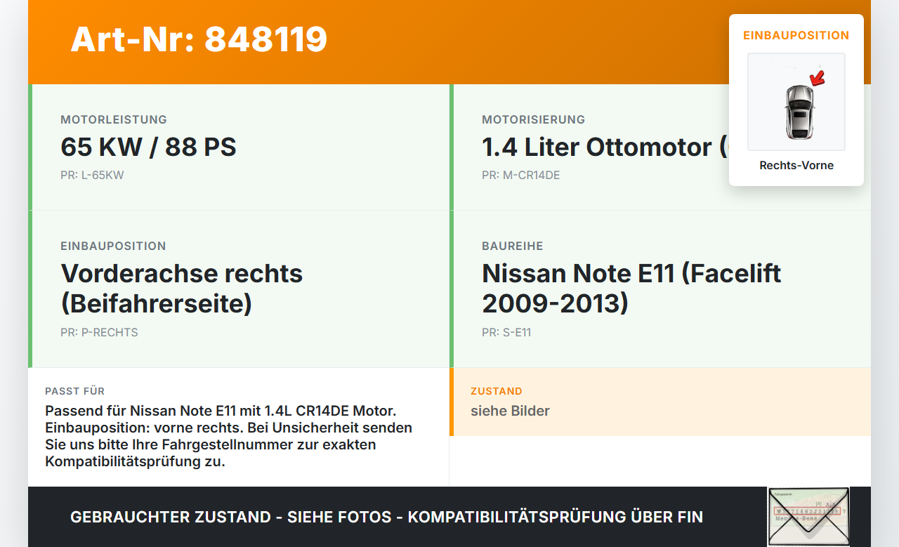 Nissan Note E11 09-13 1,4 65KW Antriebswelle Gelenkwelle Rechts Vorne Nissan Note E11 09-13 28.09.2012 391001U600... Vorschau 3