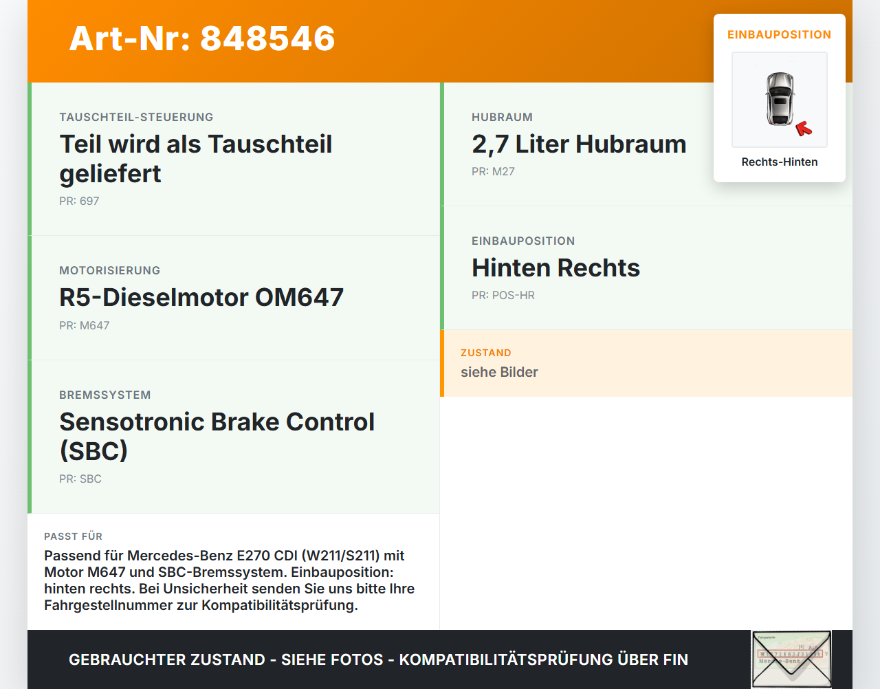 Mercedes S211 W211 E270 02-06 CDI 2,7 130KW Bremssattel Bremszange Hinten Rechts Mercedes S211 W211 E270 02-06... Vorschau 3
