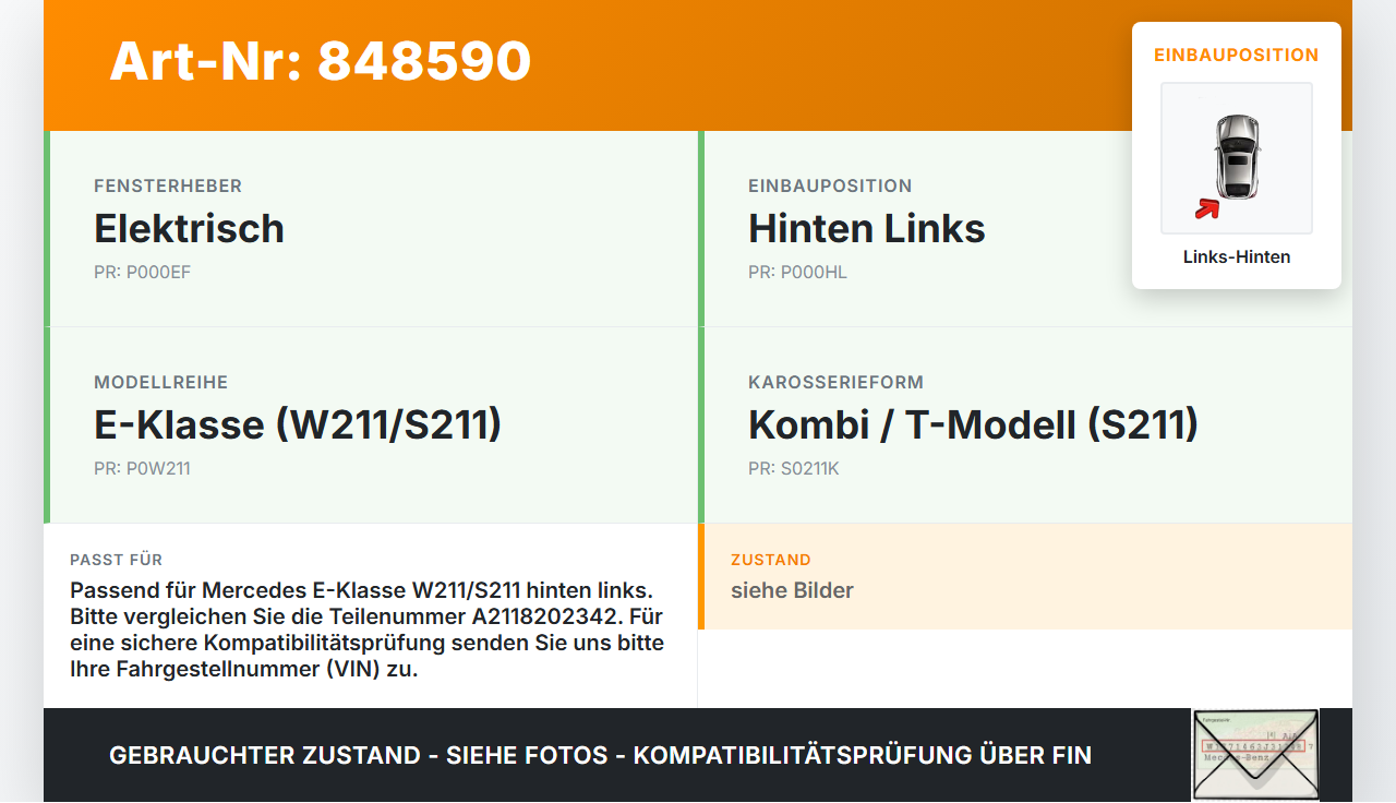 Mercedes S211 W211 E270 02-06 Kombi Fensterhebermotor Links Hinten Mercedes S211 W211 E270 02-06 18.11.2003... Vorschau 3