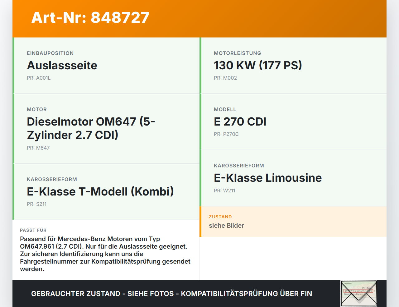 Mercedes S211 W211 E270 02-06 CDI 2,7 130KW 647961 Nockenwelle Auslass Mercedes S211 W211 E270 02-06 18.11.2003... Vorschau 3