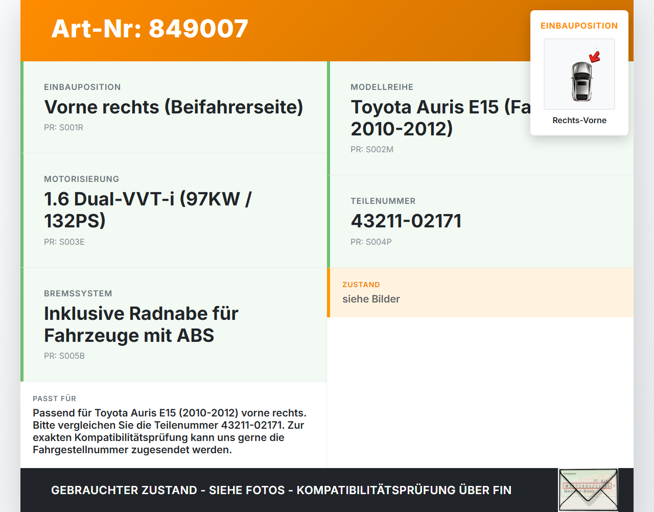 Toyota Auris E15 10-12 1,6 97KW Achsschenkel Radnabe Rechts Vorne Toyota Auris E15 10-12 29.08.2012  43211-12460... Vorschau 3