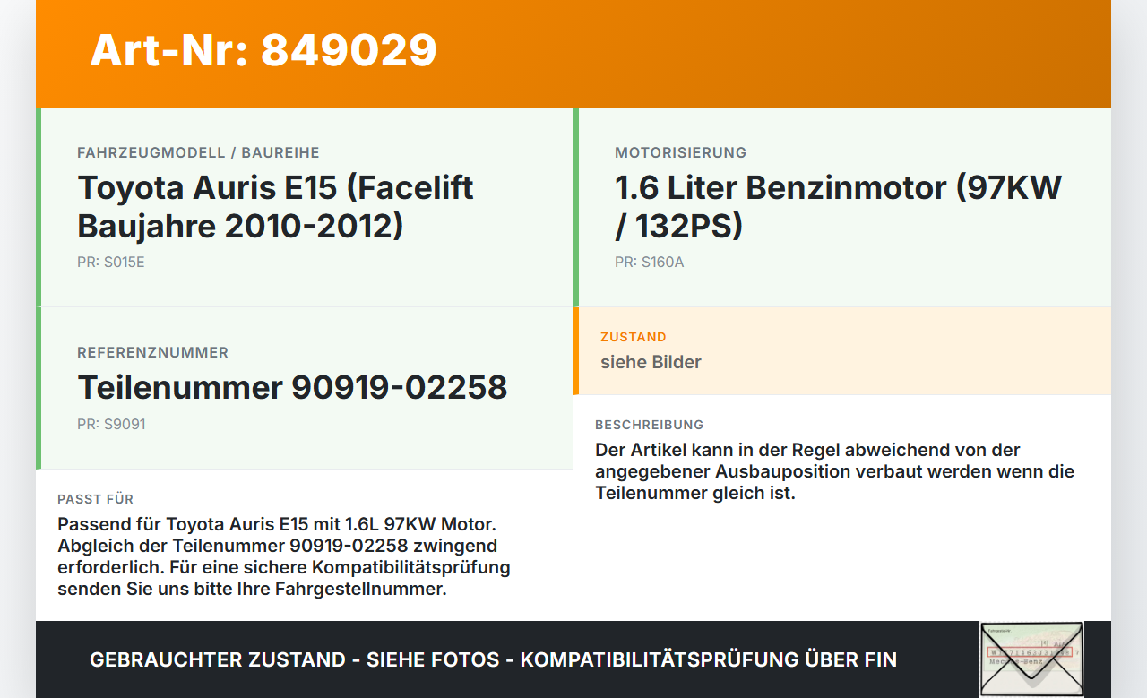 Toyota Auris E15 10-12 1,6 97KW Zündspule Pos.1 Toyota Auris E15 10-12 29.08.2012 9091902258 90919-02258 gebraucht Vorschau 3