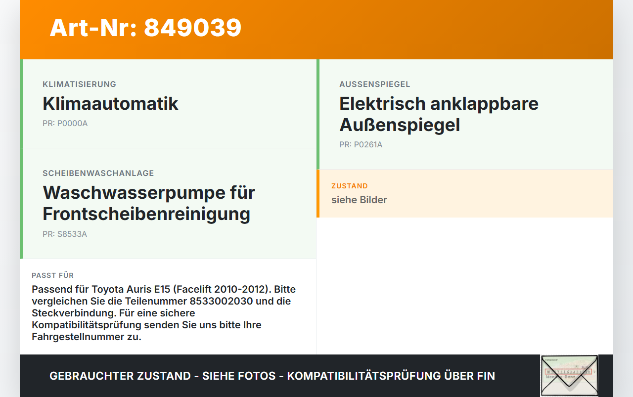 Toyota Auris E15 10-12 Waschwasserpumpe Waschpumpe Toyota Auris E15 10-12 29.08.2012 8533002030 gebraucht Vorschau 3