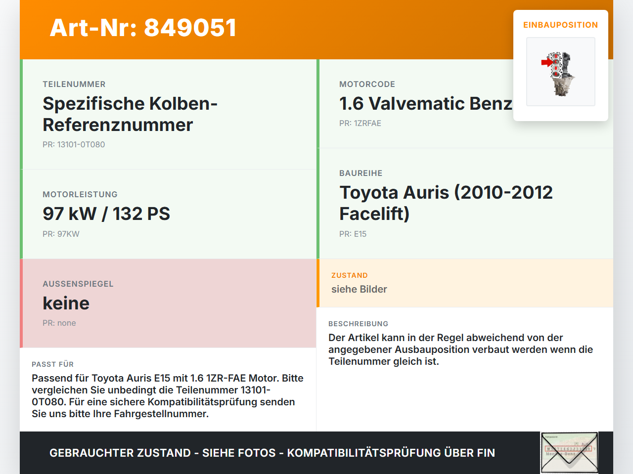 Toyota Auris E15 10-12 1,6 97KW 1ZRFAE Kolben mit Pleuel Pos C Toyota Auris E15 10-12 29.08.2012 13101-0T080 gebraucht Vorschau 3