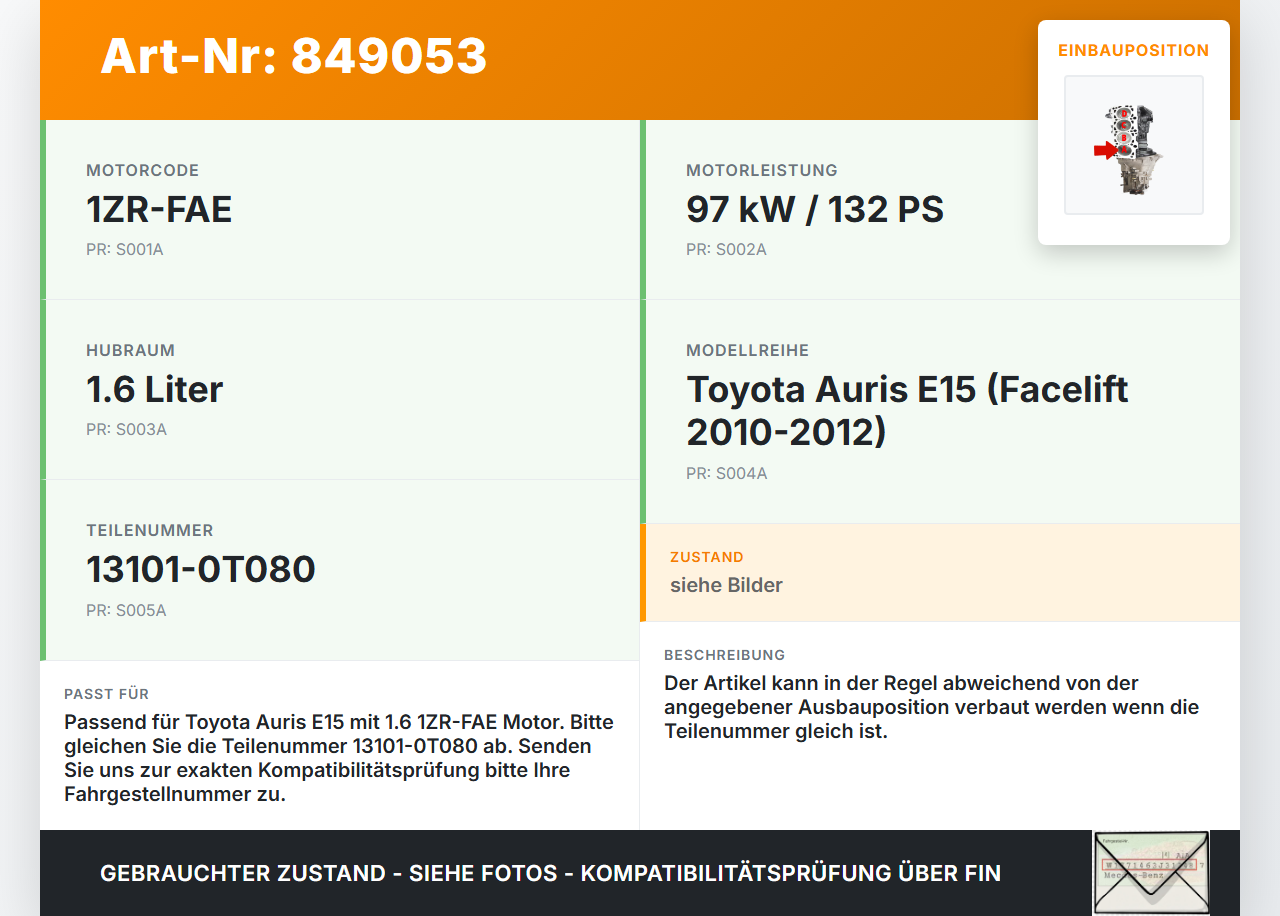 Toyota Auris E15 10-12 1,6 97KW 1ZRFAE Kolben mit Pleuel Pos A Toyota Auris E15 10-12 29.08.2012 13101-0T080 gebraucht Vorschau 3