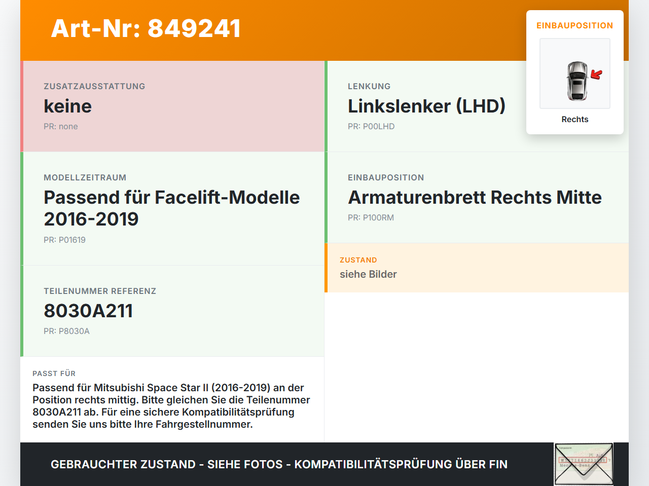 Mitsubishi Space Star II 16-19 Luftdusche Luftdüse Rechts Mitte Mitsubishi Space Star II 16-19 22.11.2019 8030A211... Vorschau 3