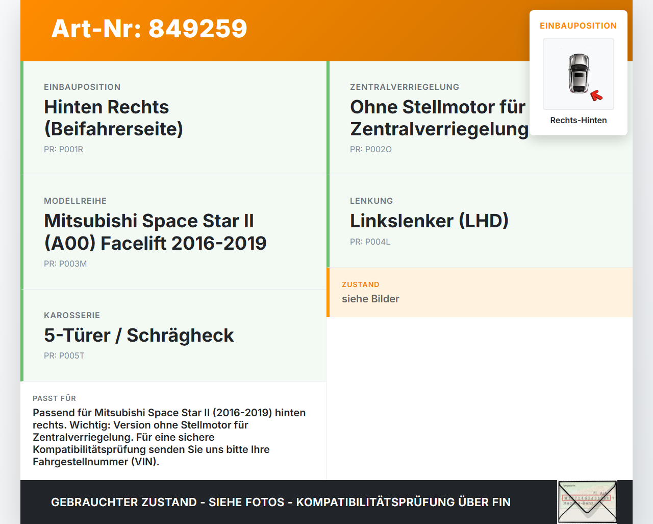 Mitsubishi Space Star II 16-19 Türschloss ohne ZV Stellmotor Rechts Hinten Mitsubishi Space Star II 16-19... Vorschau 3