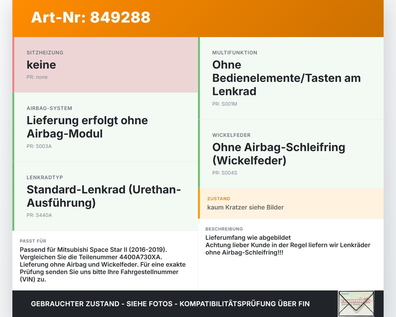 Mitsubishi Space Star II 16-19 Lenkrad ohne Airbag Mitsubishi Space Star II 16-19 22.11.2019 4400A730XA gebraucht Vorschau 3