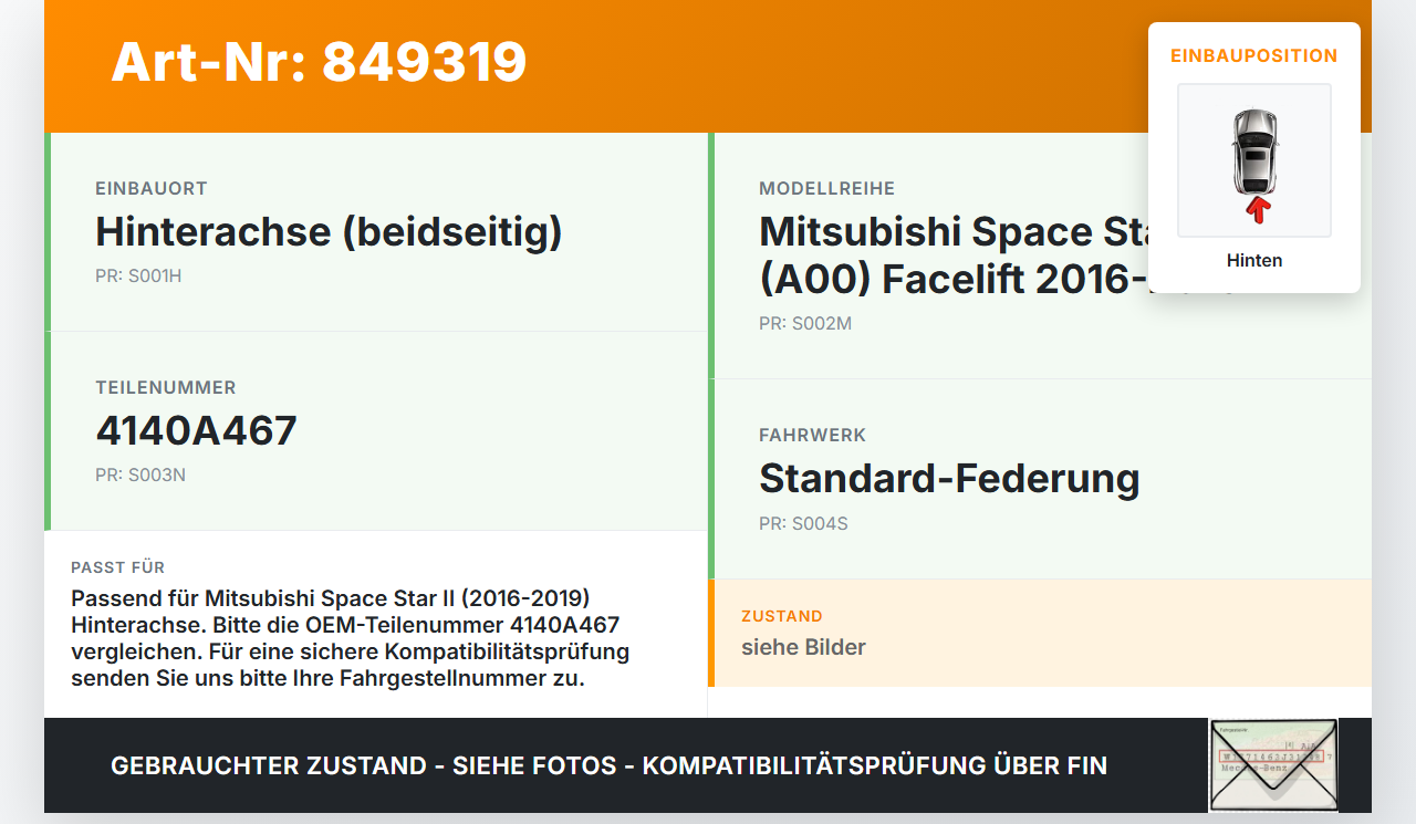 Mitsubishi Space Star II 16-19 Beide Feder Federn Hinten Mitsubishi Space Star II 16-19 22.11.2019 4140A467 gebraucht Vorschau 3