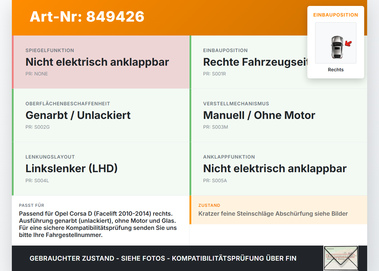Opel Corsa D 10-14 Spiegel Aussenspiegel Rechts GAR Opel Corsa D 10-14 03.06.2014 13187618 6428248 gebraucht Vorschau 3