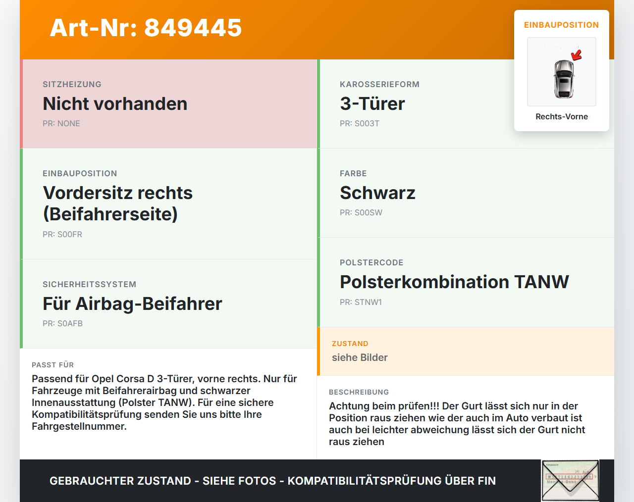 Opel Corsa D 10-14 3T Gurt Sicherheitsgurt Rechts Vorne Opel Corsa D 10-14 03.06.2014 13436138 13436124 628046400... Vorschau 3