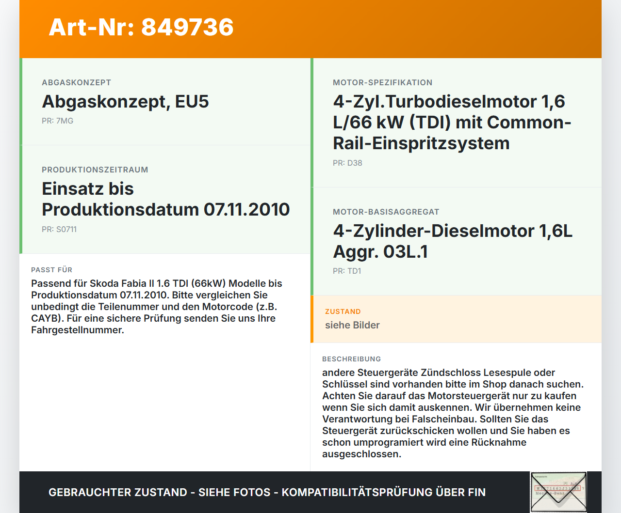 Skoda Fabia II 5J 10-12 TDI 1,6 66KW Steuergerät ECU für Motor Motorsteuergerät Skoda Fabia II 5J 10-12 08.10.2010... Vorschau 3