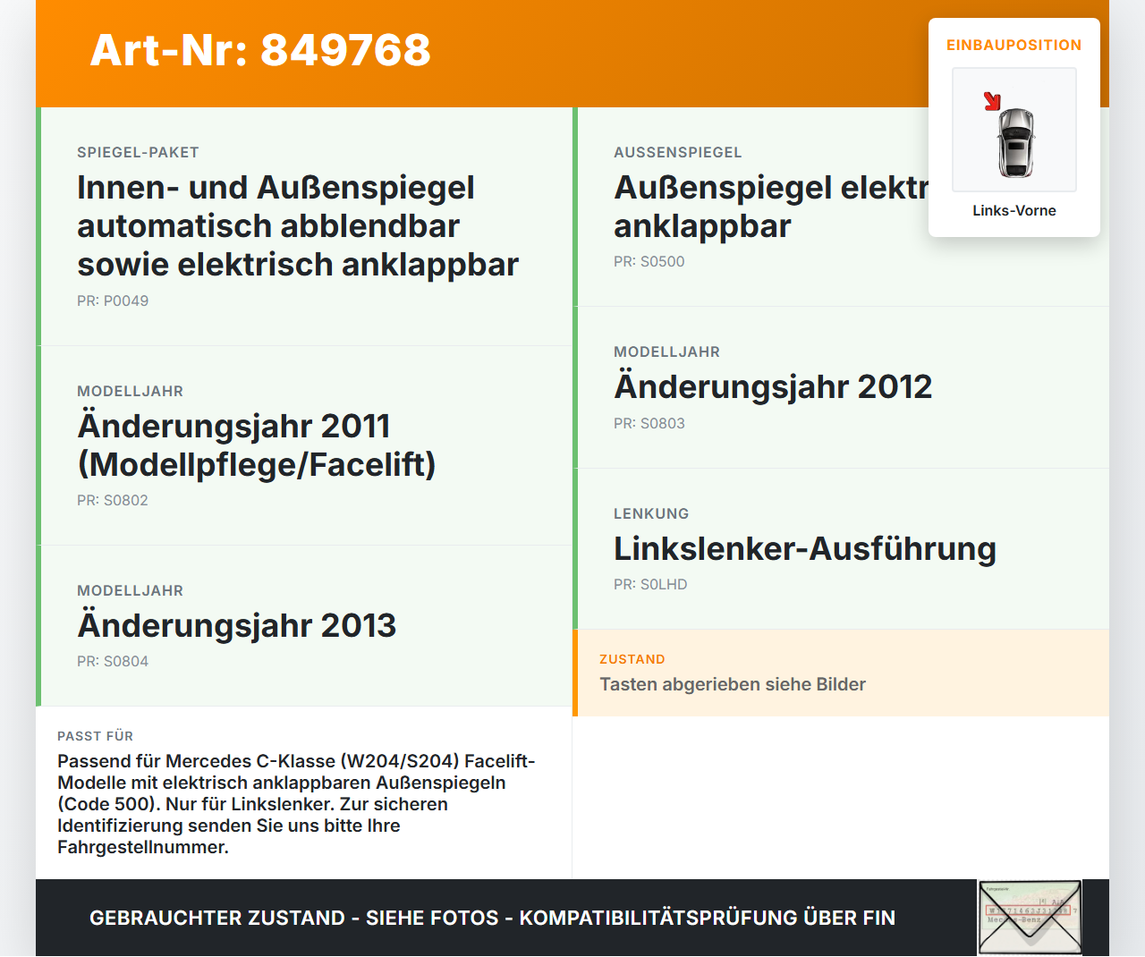 Mercedes W204 S204 C180 11-14 Kombi Fensterheberschalter Schalter Links Vorne Mercedes W204 S204 C180 11-14... Vorschau 3