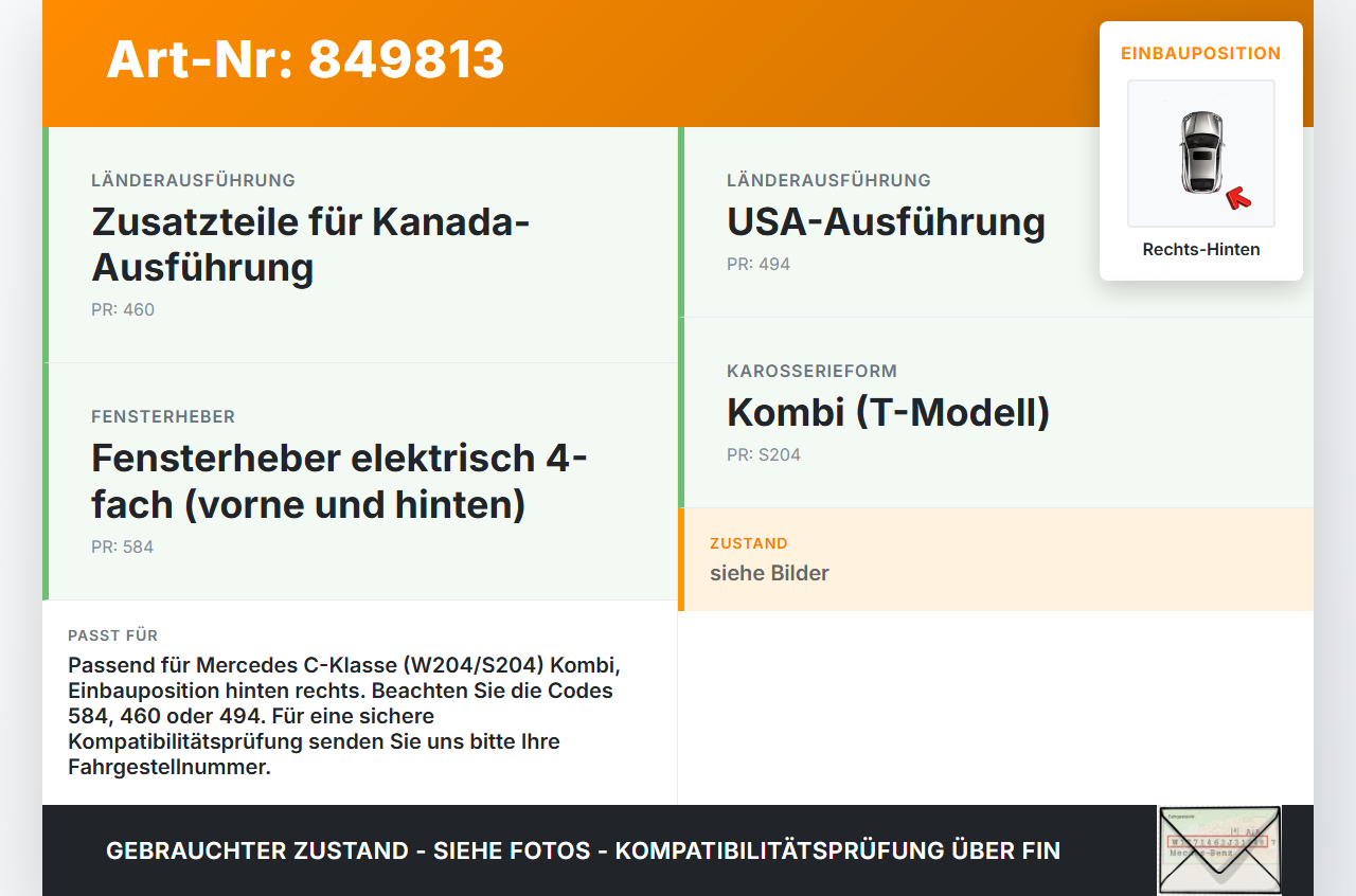 Mercedes W204 S204 C180 11-14 Kombi Fensterhebermotor Rechts Hinten Mercedes W204 S204 C180 11-14 10.10.2011... Vorschau 3
