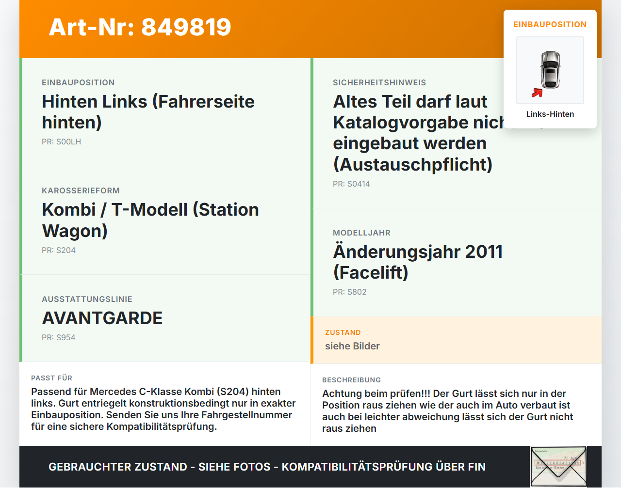 Mercedes W204 S204 C180 11-14 Kombi Gurt Sicherheitsgurt Gurtstraffer Links Hinten Mercedes W204 S204 C180 11-14... Vorschau 3