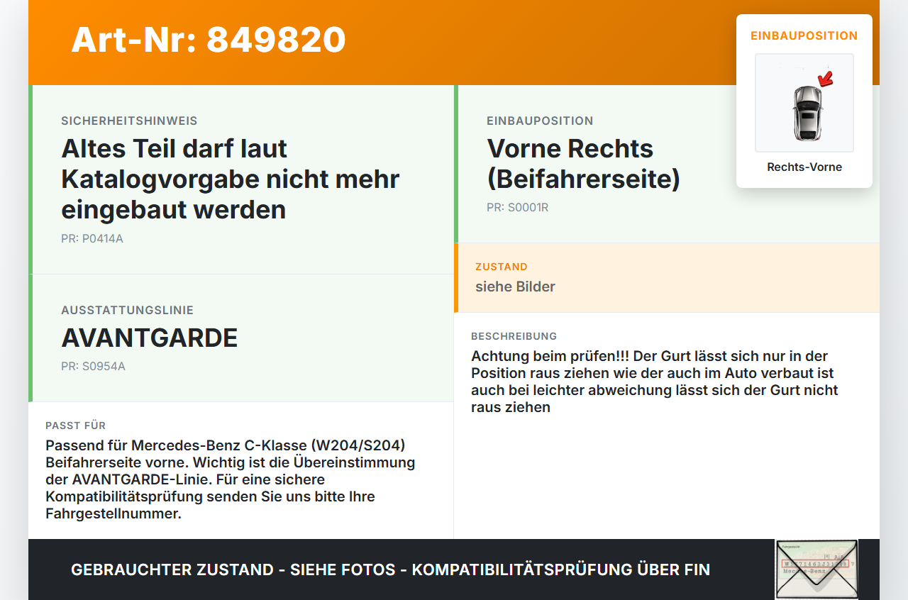 Mercedes W204 S204 C180 11-14 Kombi Gurt Sicherheitsgurt Gurtstraffer Beifahrer Rechts Vorne Mercedes W204 S204... Vorschau 3