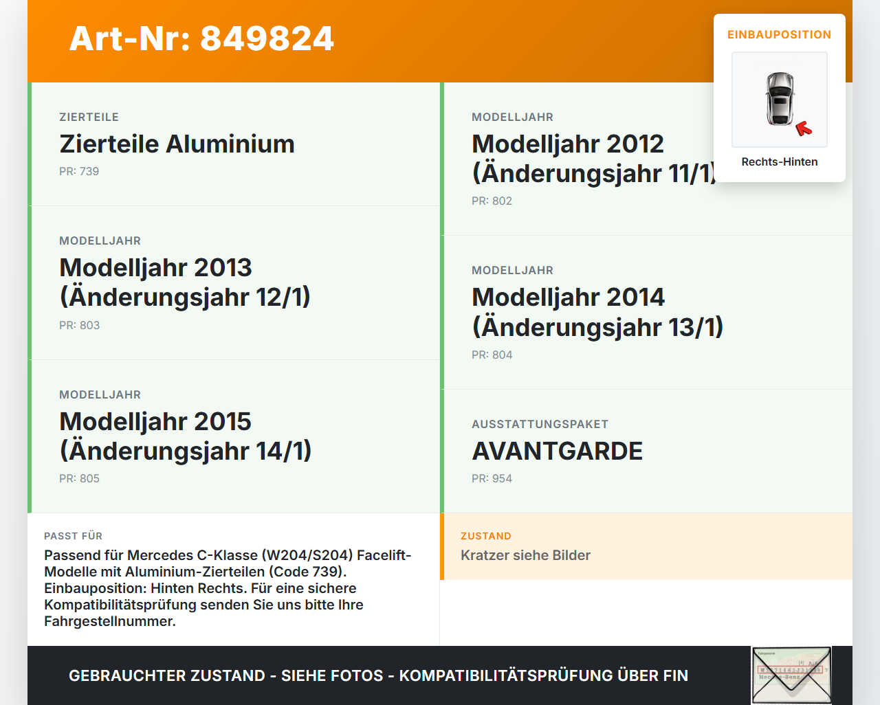 Mercedes W204 S204 C180 11-14 Kombi Türleiste Innen Rechts Hinten Türverkleidung Aludekor 197 Mercedes W204 S204... Vorschau 3