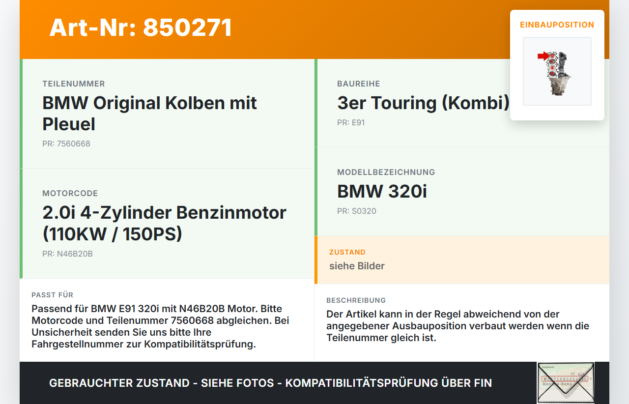 BMW E91 3er 320i 06-08 2,0i 110KW N46B20B Kolben mit Pleuel Pos D BMW E91 3er 320i 06-08 20.04.2006 1125-7560668... Vorschau 3