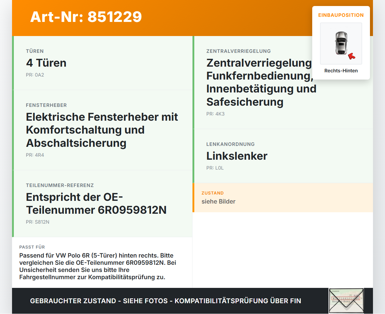 VW Polo V 6R 14-17 5T Fensterhebermotor Rechts Hinten VW Polo V 6R 14-17 16.12.2014 6R0959812N S850311254... Vorschau 3