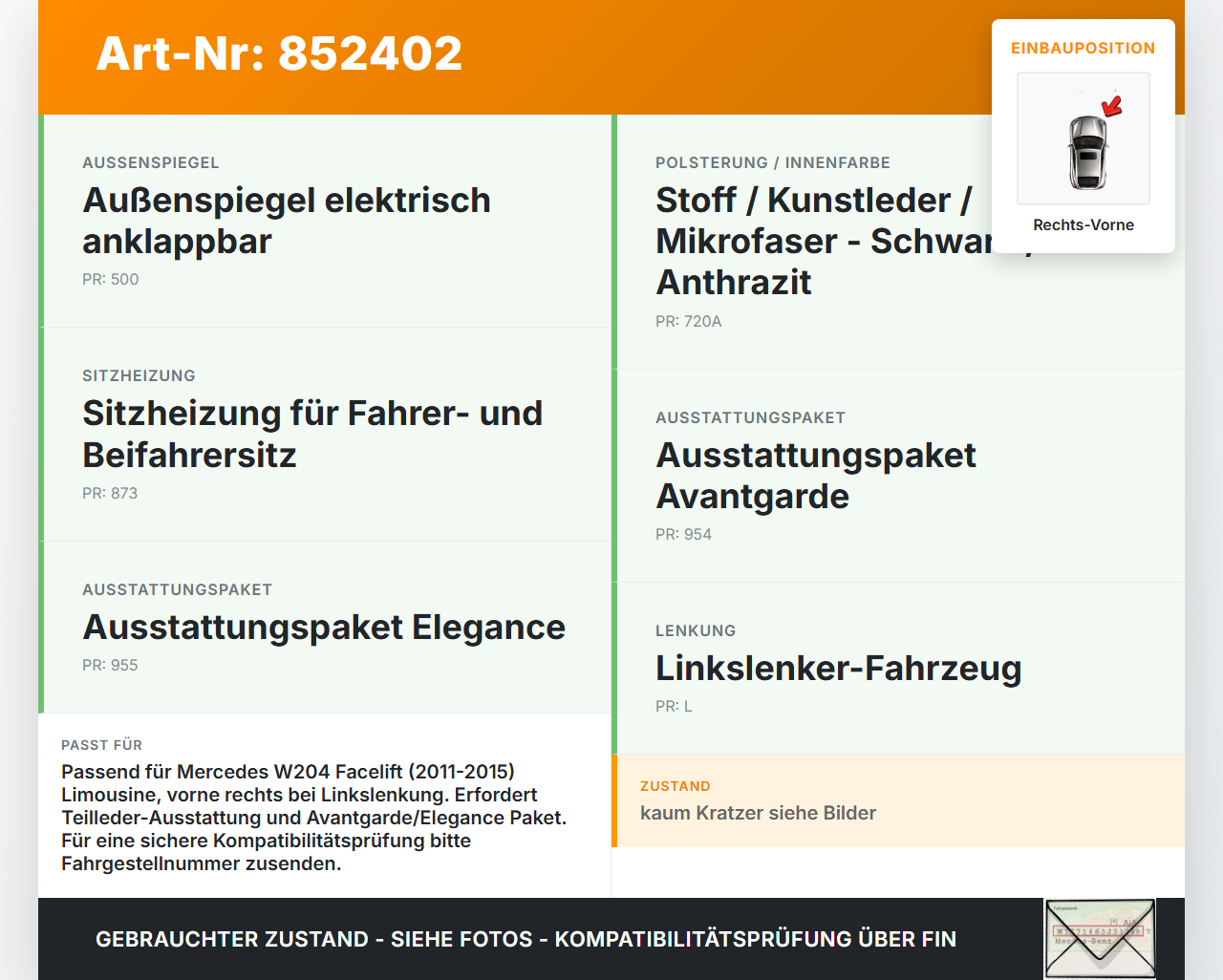 Mercedes W204 C180 11-15 Lim Türverkleidung Türpappe Rechts Vorne Mercedes W204 C180 11-15 23.08.2012 A2047202663... Vorschau 3