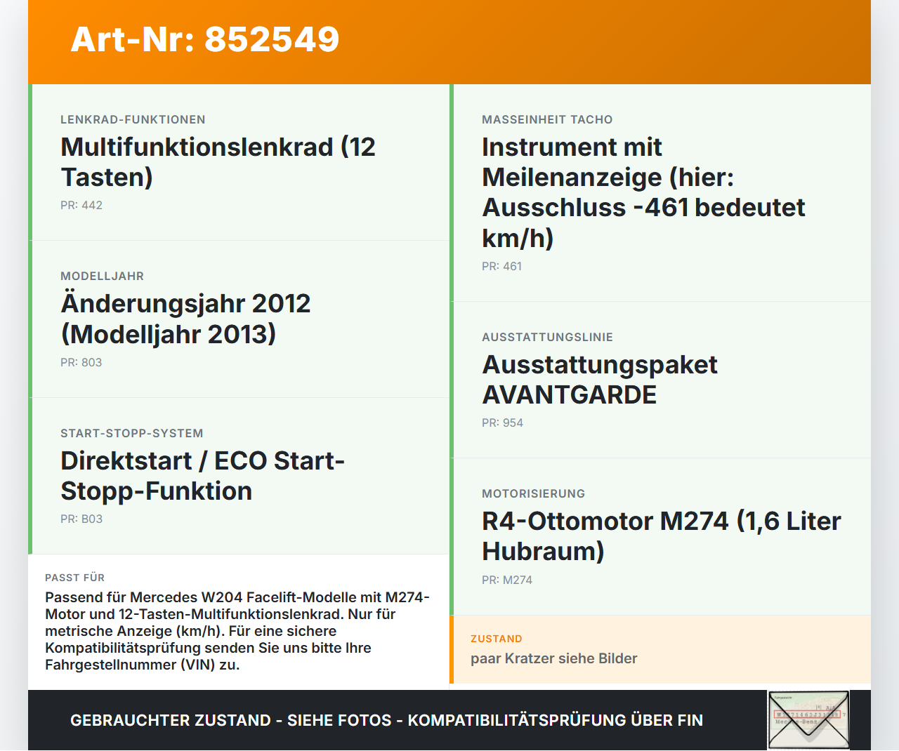 Mercedes W204 C180 11-15 1,6 115KW Kombiinstrument Tacho Mercedes W204 C180 11-15 23.08.2012 A2049004009... Vorschau 3