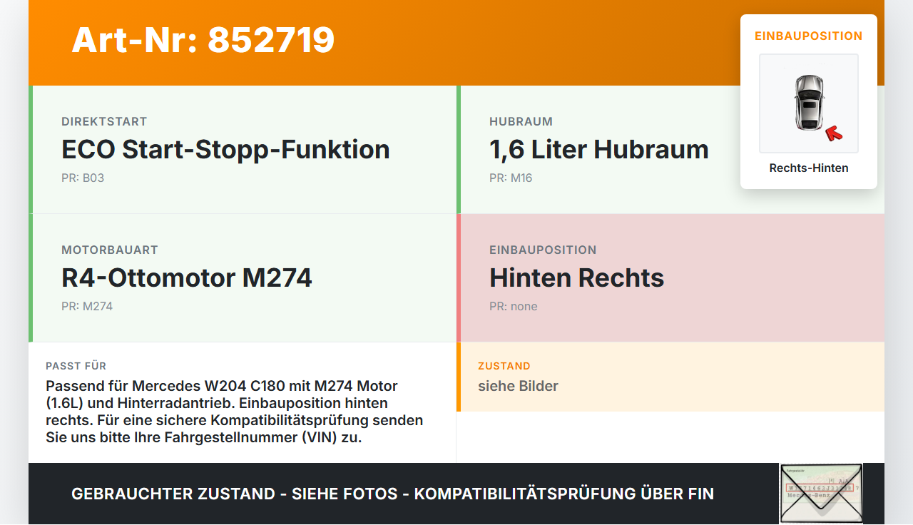 Mercedes W204 C180 11-15 Lim 1,6 115KW Antriebswelle Gelenkwelle Rechts Hinten Mercedes W204 C180 11-15 23.08.2012... Vorschau 3