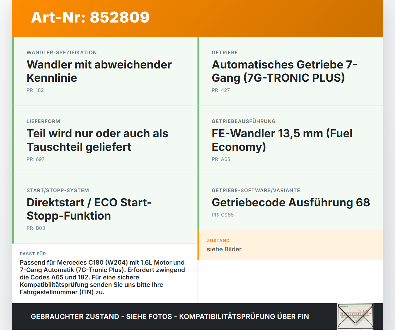 Mercedes W204 C180 11-15 1,6 115KW Autom Wandler Drehmomentwandler für Getriebe Mercedes W204 C180 11-15 23.08.2012... Vorschau 3