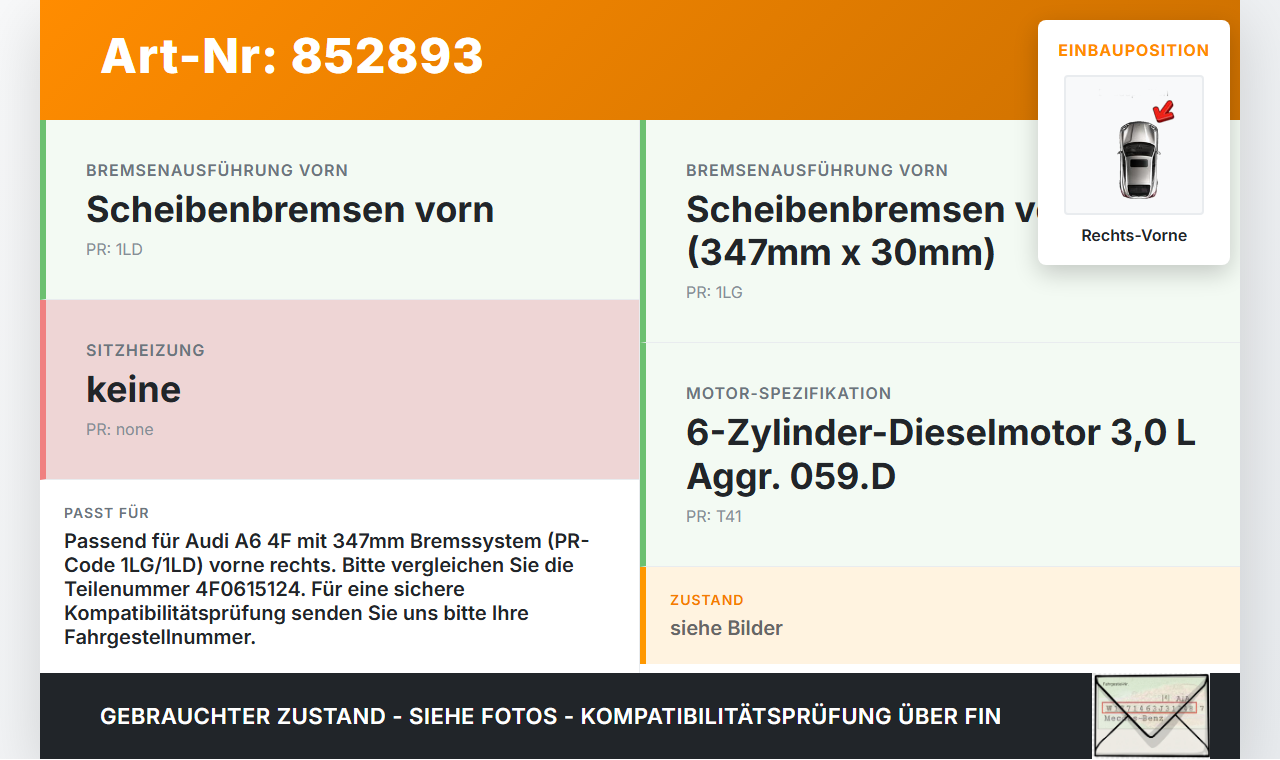 Audi A6 4F C6 04-08 TDI 3,0 171KW Bremssattel Bremszange Vorne Rechts Audi A6 4F C6 04-08 29.05.2008 4F0615124 gebraucht Vorschau 3