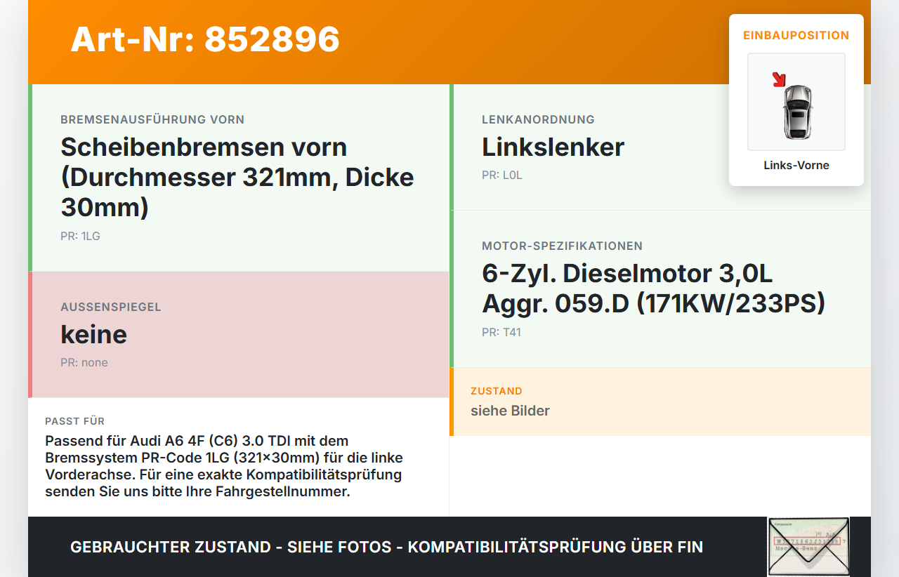Audi A6 4F C6 04-08 TDI 3,0 171KW Bremssattel Bremszange Vorne Links Audi A6 4F C6 04-08 29.05.2008 4F0615123 gebraucht Vorschau 3